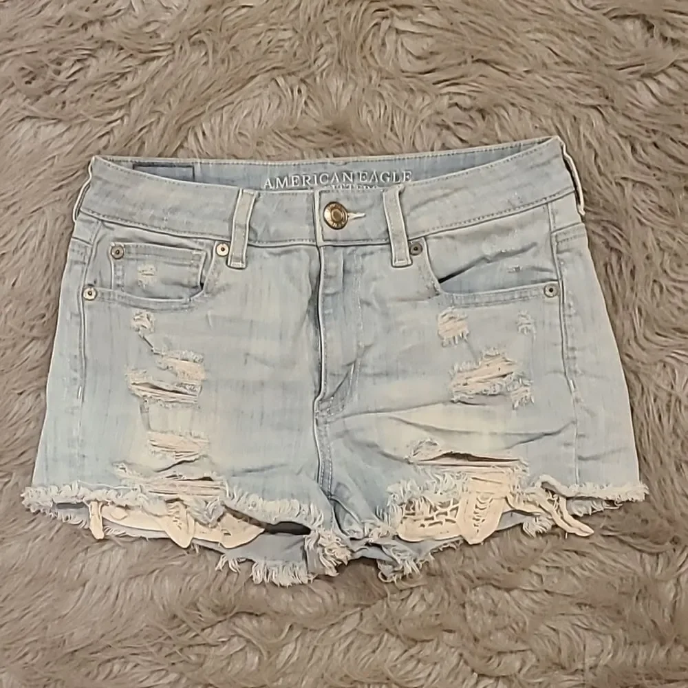 American eagle outfitters high rise shortie distressed shorts with lace‎